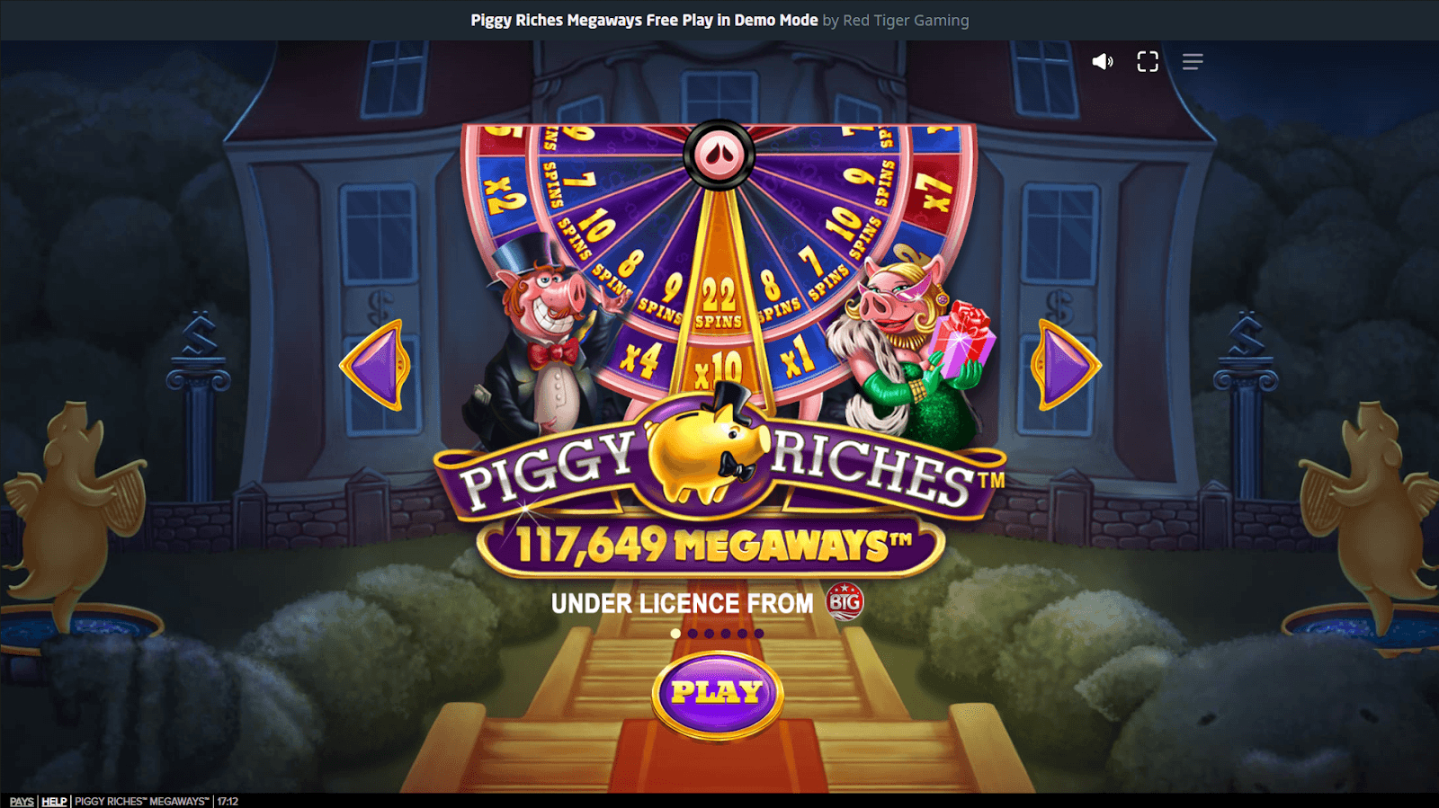 Piggy Riches Megaways start screen with bonus wheel showing multipliers and free spins options.
