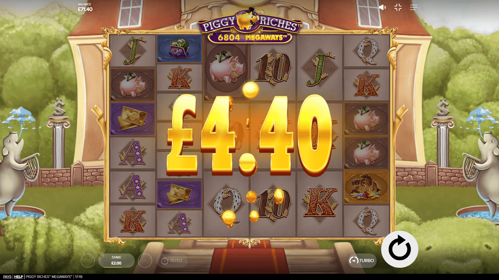 Base game spin result on Piggy Riches Megaways showing £4.40 win with piggy bank and card symbols.